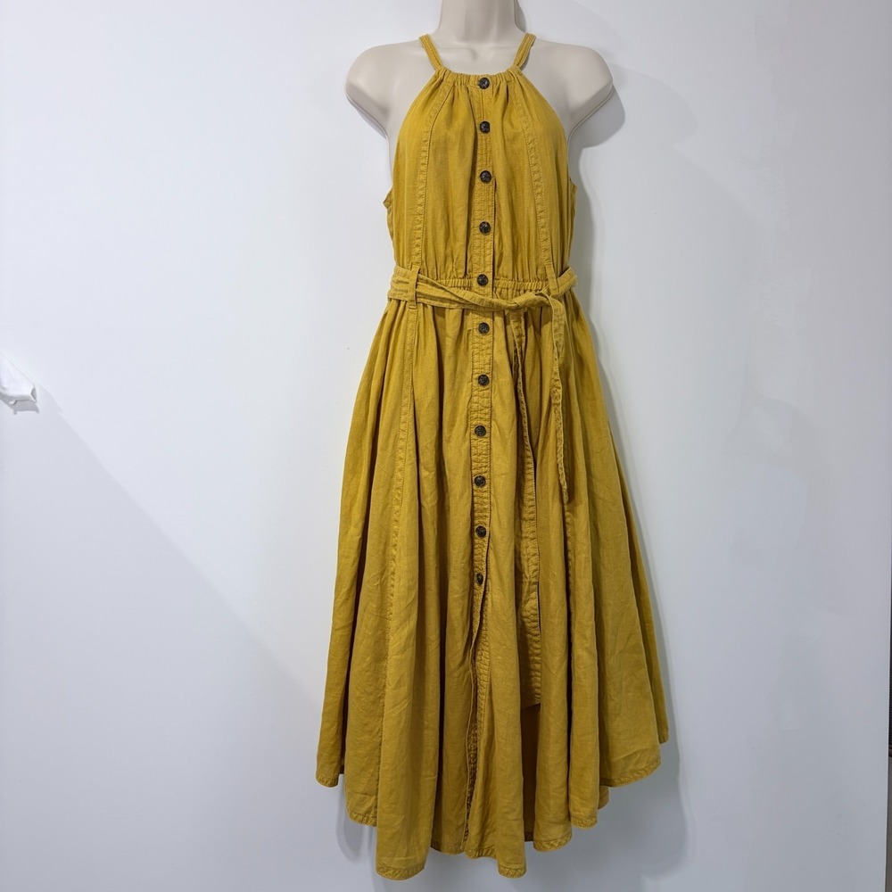 Banana Republic Dress Womens Sz XS 100% Linen Yellow Button Front Midi Quiet Lux
